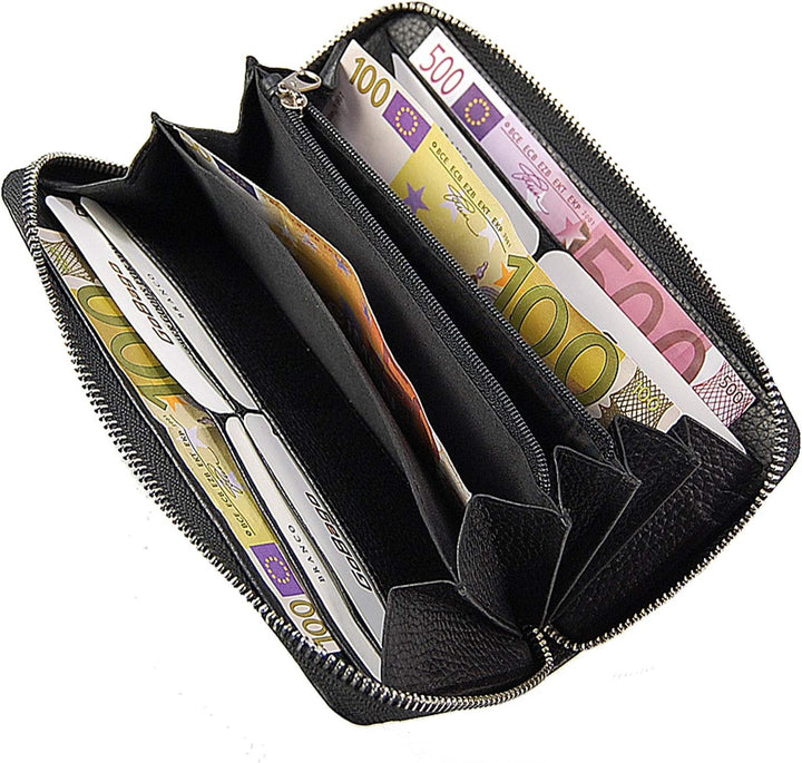 GoBago Damen Geldbörse Leder Portemonnaie Geldbeutel Damenbörse mit RFID Schutz (Schwarz), Schwarz