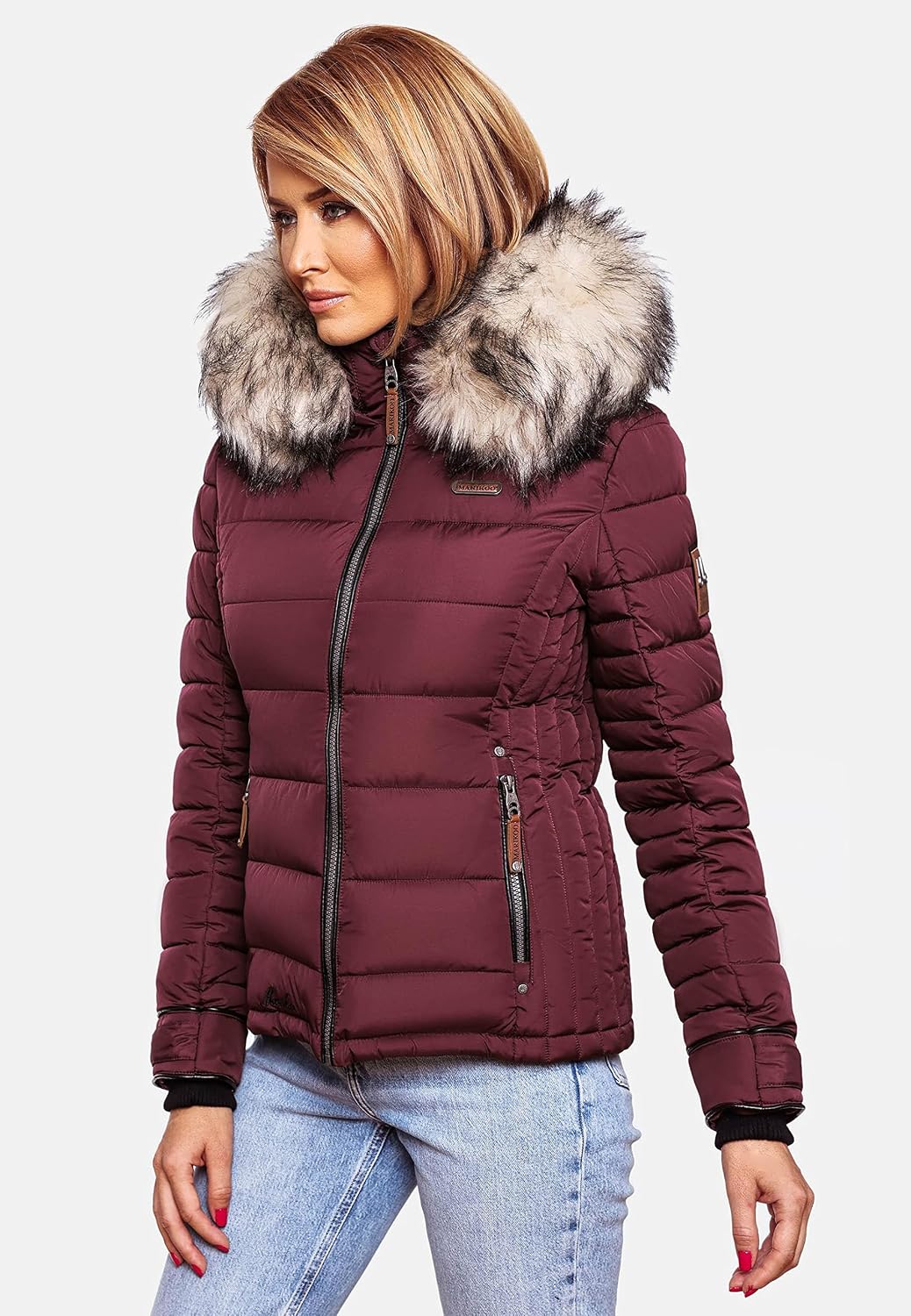 MARIKOO Damen Winterjacke Steppjacke mit abnehmbarem Kunstfell Lerikaa XS-3XL L Wine, L Wine