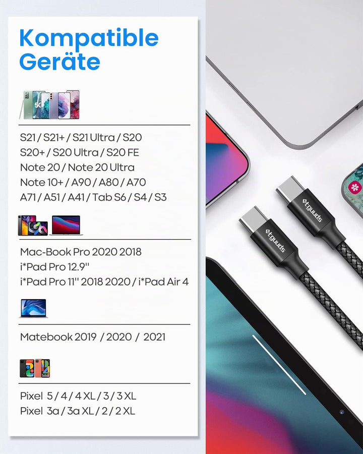 etguuds Extra Lang USB C auf USB C Kabel 9M, 60W Nylon Kabel USB C auf USB Type C Ladekabel für Gala