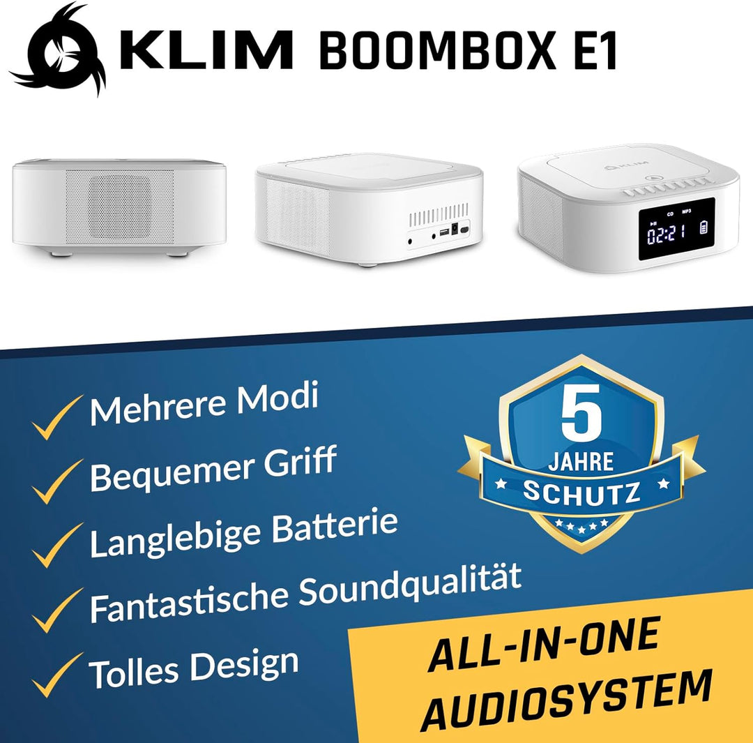 KLIM Boombox E1 Radio mit CD Player - BASS Boost mit Tieftöner - FM, MP3, Bluetooth, AUX, USB, Kompa