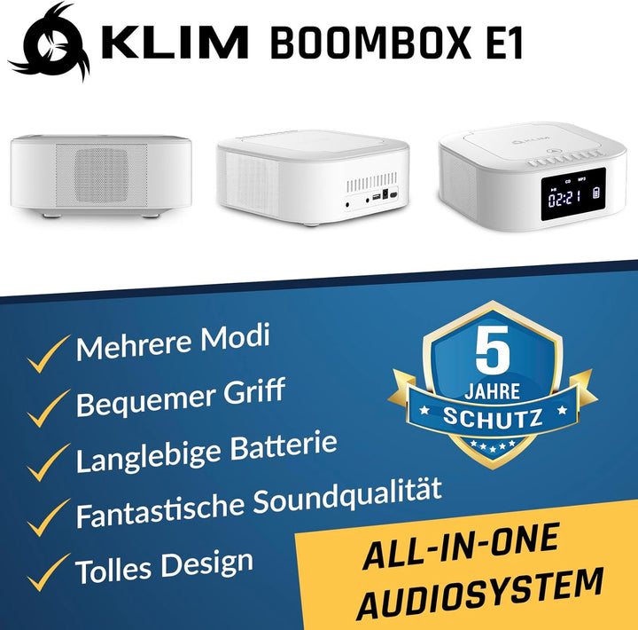 KLIM Boombox E1 Radio mit CD Player - BASS Boost mit Tieftöner - FM, MP3, Bluetooth, AUX, USB, Kompa