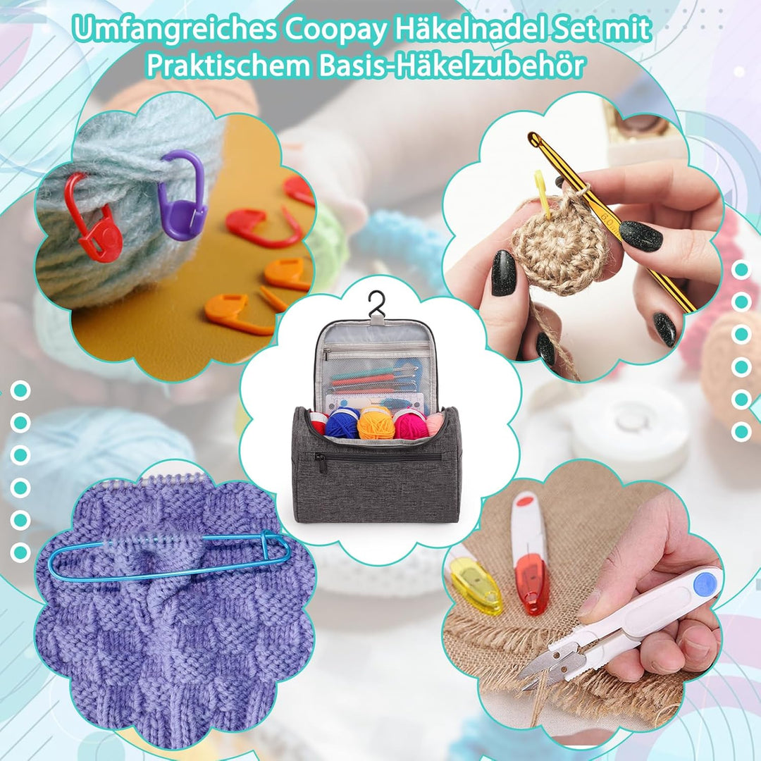 Coopay Tragbar Häkelset für Anfänger, Häkelnadel Set mit 15 Wolle, Tasche, Häkelzubehör, Ergonomisch