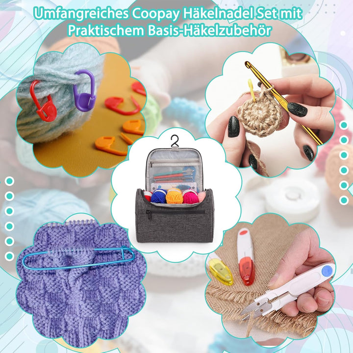 Coopay Tragbar Häkelset für Anfänger, Häkelnadel Set mit 15 Wolle, Tasche, Häkelzubehör, Ergonomisch