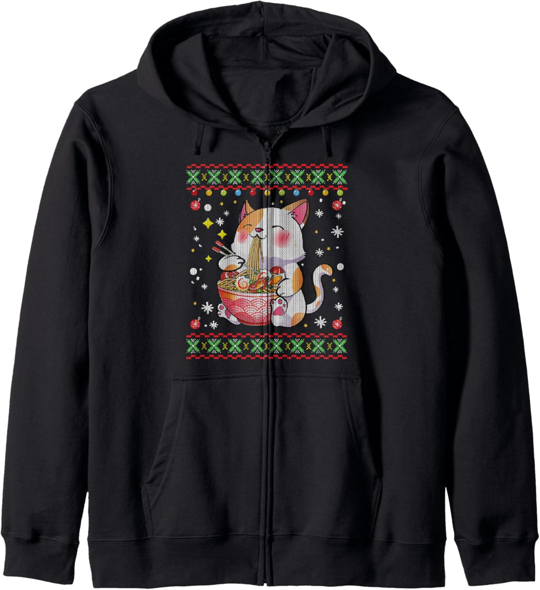 Ramen Cat Anime Japanischer hässlicher Weihnachtspullover Geschenk Kapuzenjacke