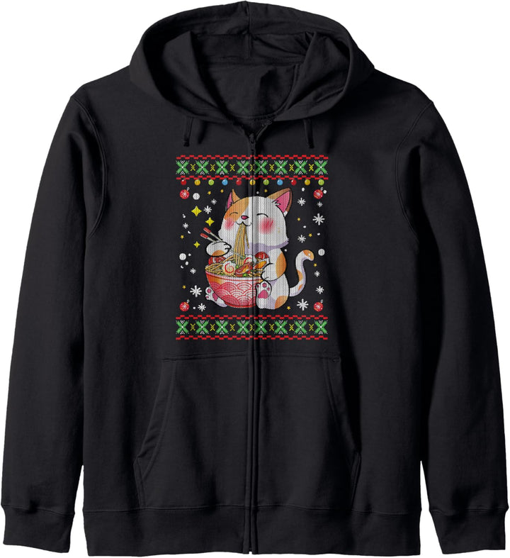 Ramen Cat Anime Japanischer hässlicher Weihnachtspullover Geschenk Kapuzenjacke