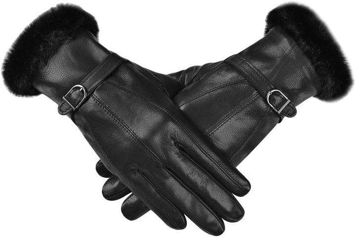 Harssidanzar Damen Lederhandschuhe Winter Thermo Fellgefüttert SL022EU S Schwarz(touchscreen), S Sch