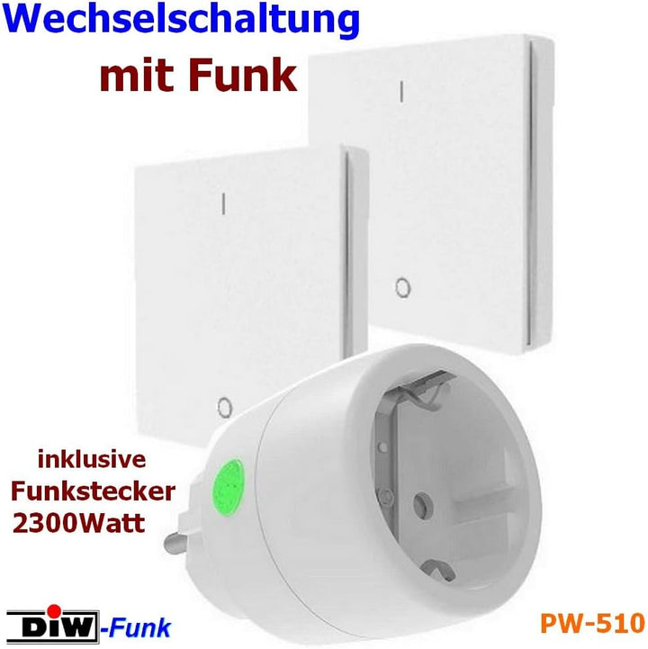 PW-510 DIW-Funk Wechselschaltung ohne Kabel SPARSET Funkstecker 2300W + zwei(!!) Wandsender spart St