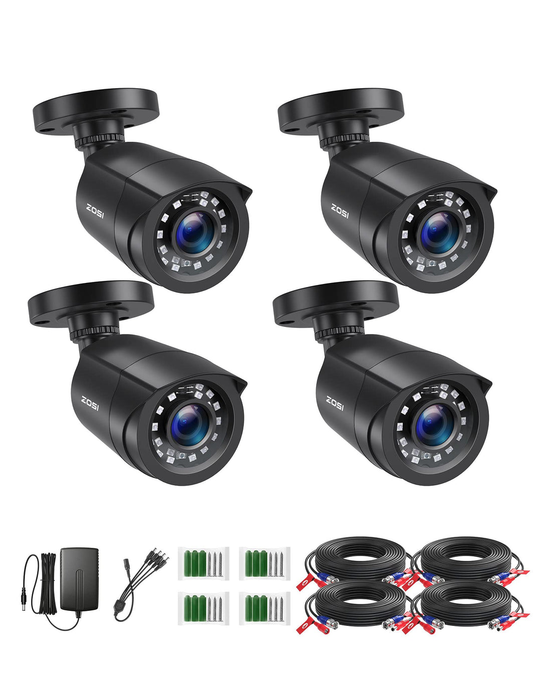 ZOSI 4 Stück 2MP 1080P Outdoor Video Überwachungskamera Set mit Netzteil und Videokabel, 1080P TVI H