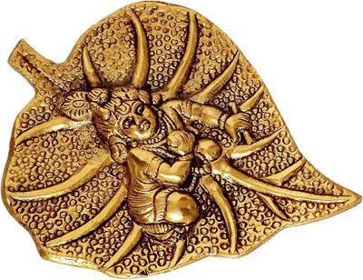 Purpledip Metal Leaf Krishna Laddoo Gopal, Golden (10186A)