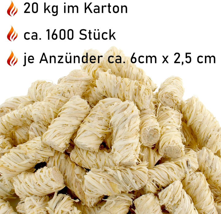 FINNAS 20 kg Holzwolle Premium Anzündwolle Anzünder Kaminanzünder 1600 Stück Grillanzünder Öko Ofena