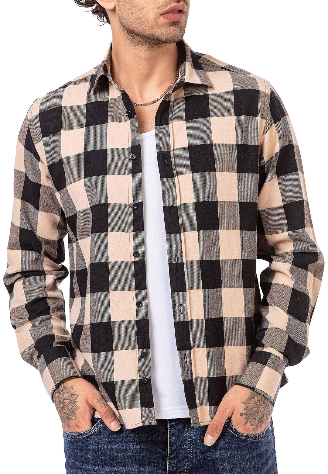 Hemd für Herren Freizeithemd Holzfällerhemd Kariert Plaid Shirt Vintage XXL Beige, XXL Beige