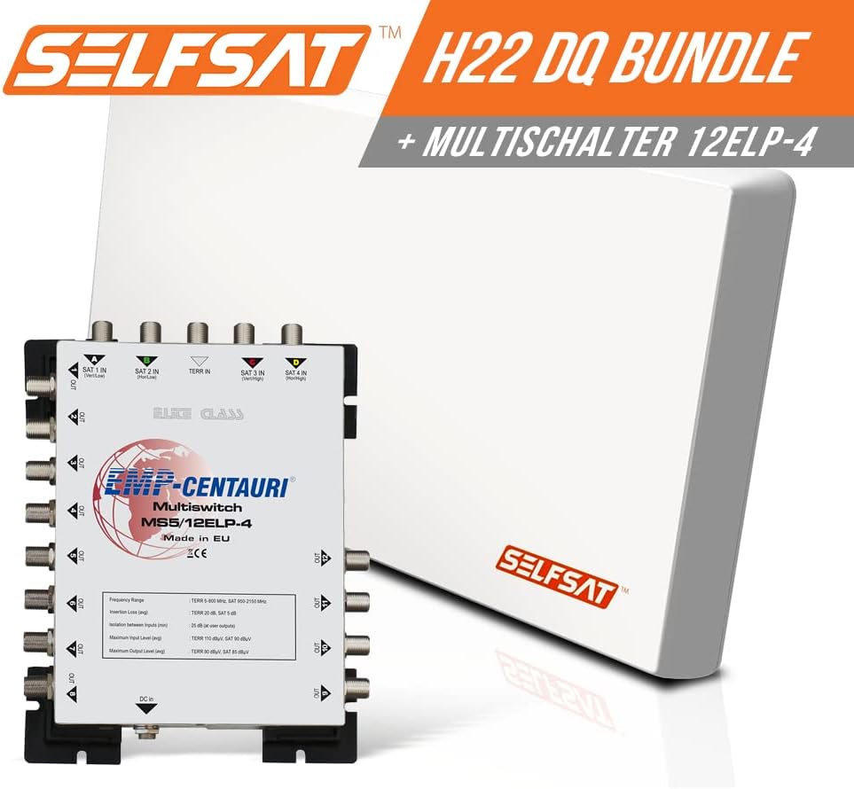 Selfsat H22DQ 12 TV Teilnehmer SAT Flachantenne Flat + Multischalter 5/12 Full HD 4K