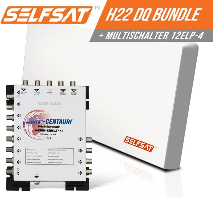 Selfsat H22DQ 12 TV Teilnehmer SAT Flachantenne Flat + Multischalter 5/12 Full HD 4K