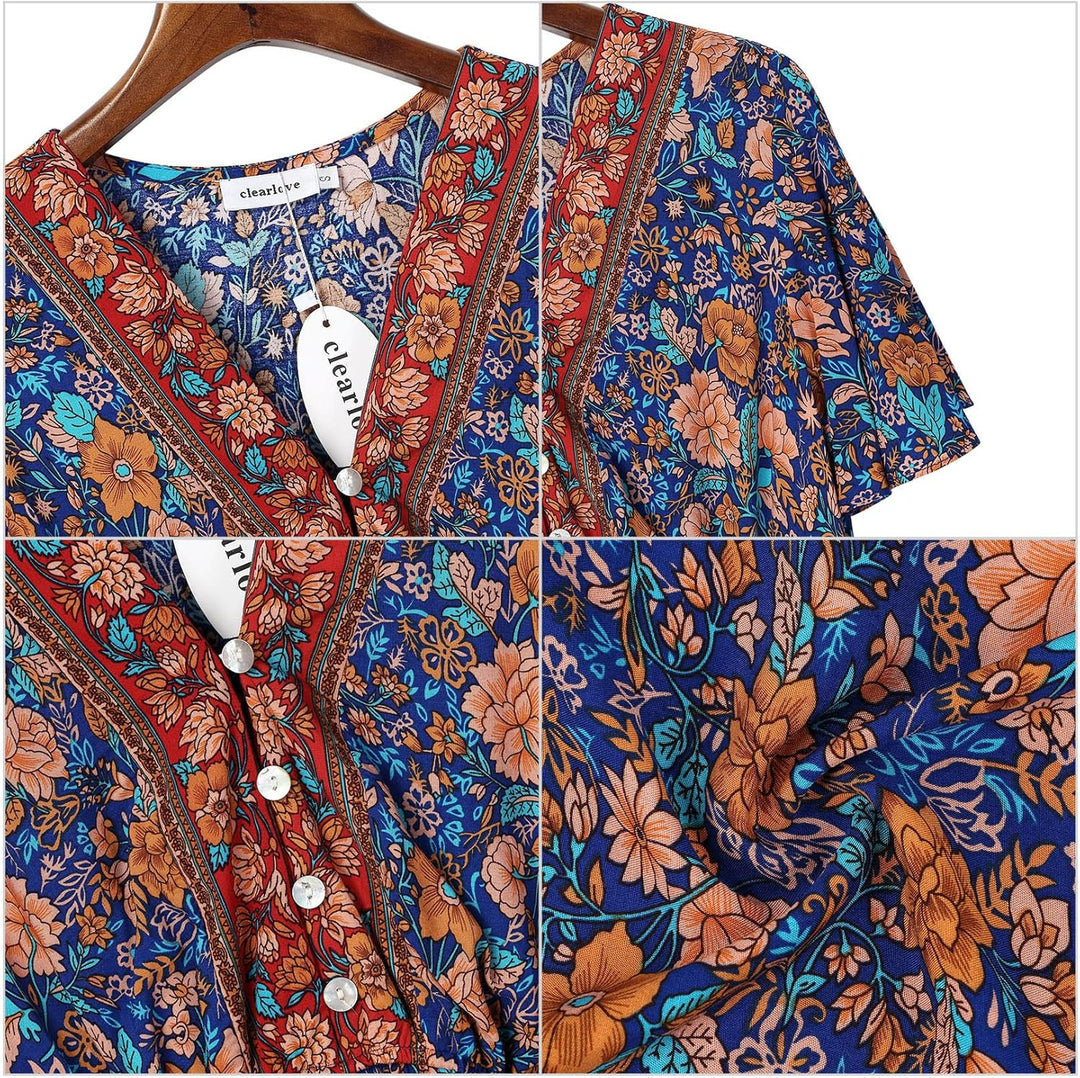 Clearlove Damen Sommerkleid Boho Kurzarm Midi Kleider V-Ausschnitt Strandkleid lang Blumenkleid Rüsc