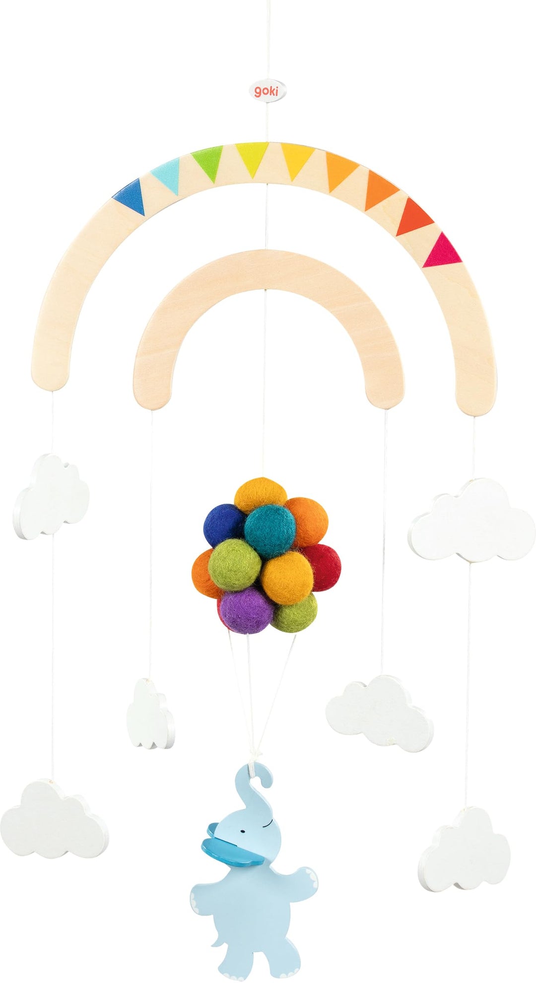 goki 52867 - Mobile Elefant auf der Reise aus Holz und Wollfilz, beruhigendes Holz-Mobile, Thema Wol