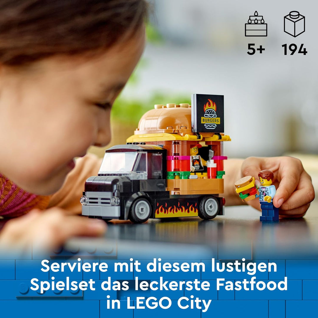 LEGO City Burger-Truck, Bauset mit Spielzeug-Auto für 5-jährige Kinder, Imbisswagen Minifigur und Zu