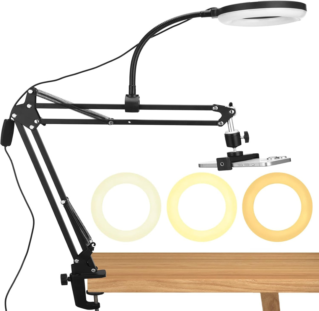 Overhead Stativ Handy mit 6-Zoll-Ringlicht, Metallarm und Tischklemme | 60 LEDs, 3 Lichtfarben, 10 H