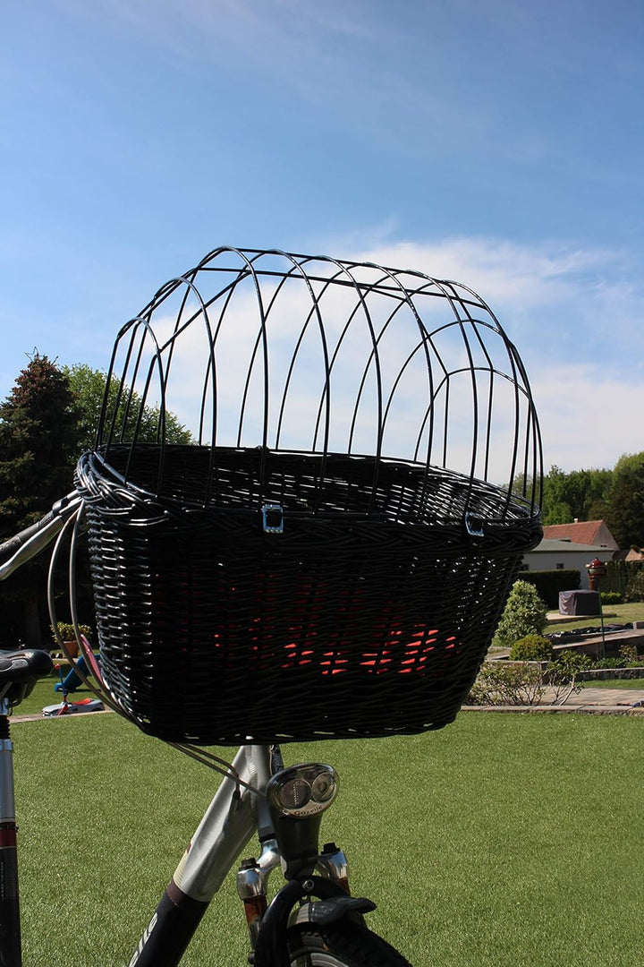 Hundefahrradkorb für Fahrradlenker aus Weide mit Metallgitter und Kissen in Schwarz Lenkrad Weidenko