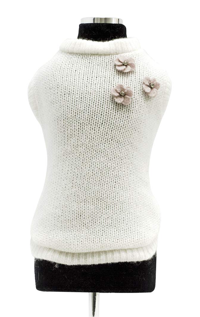 Trilly tutti Brilli Strickpullover aus Wolle mit Applikation Blume aus Filz und Kristall, Weiss – 1