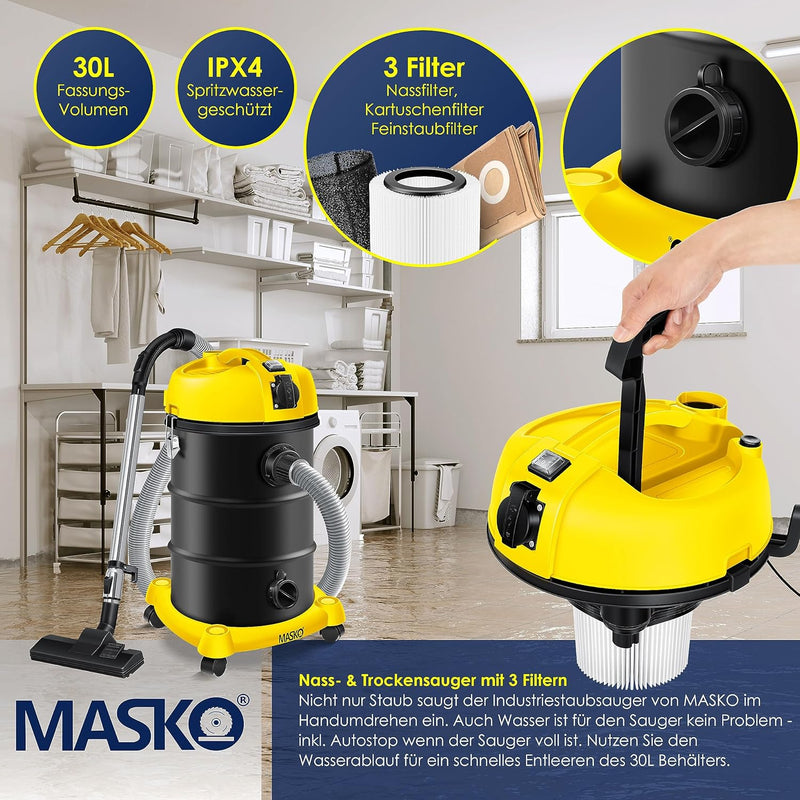 Masko® 6IN1 Industriestaubsauger Staubsauger Nass Trocken Sauger Aschesauger 2300W + Steckdose✓ Blas