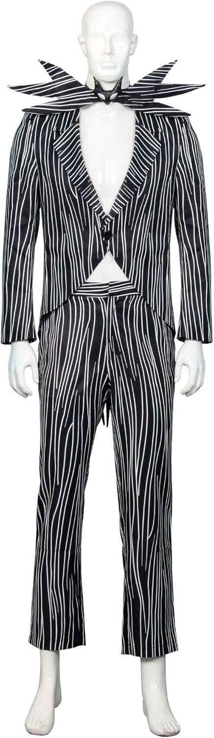 NUWIND Jack Skellington Herren Halloween Cosplay Kostüm Gestreifter Anzug mit Hose Fledermaus Fliege