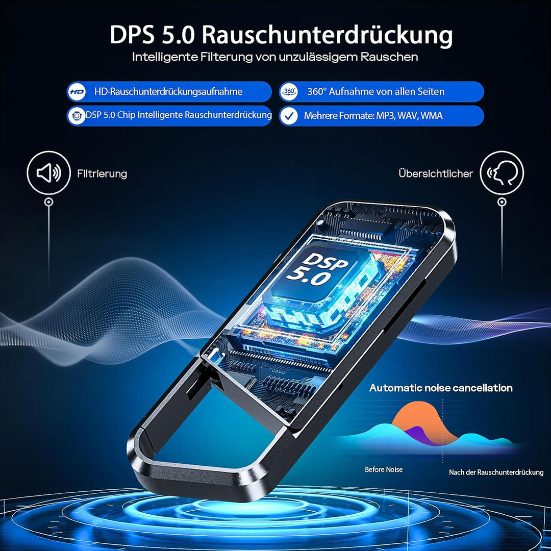 72GB Diktiergerät mit Spracherkennung –Aufnahmegerät, Mobile Rekorder mit DSP5.0 OTG-fähig, 6800h In