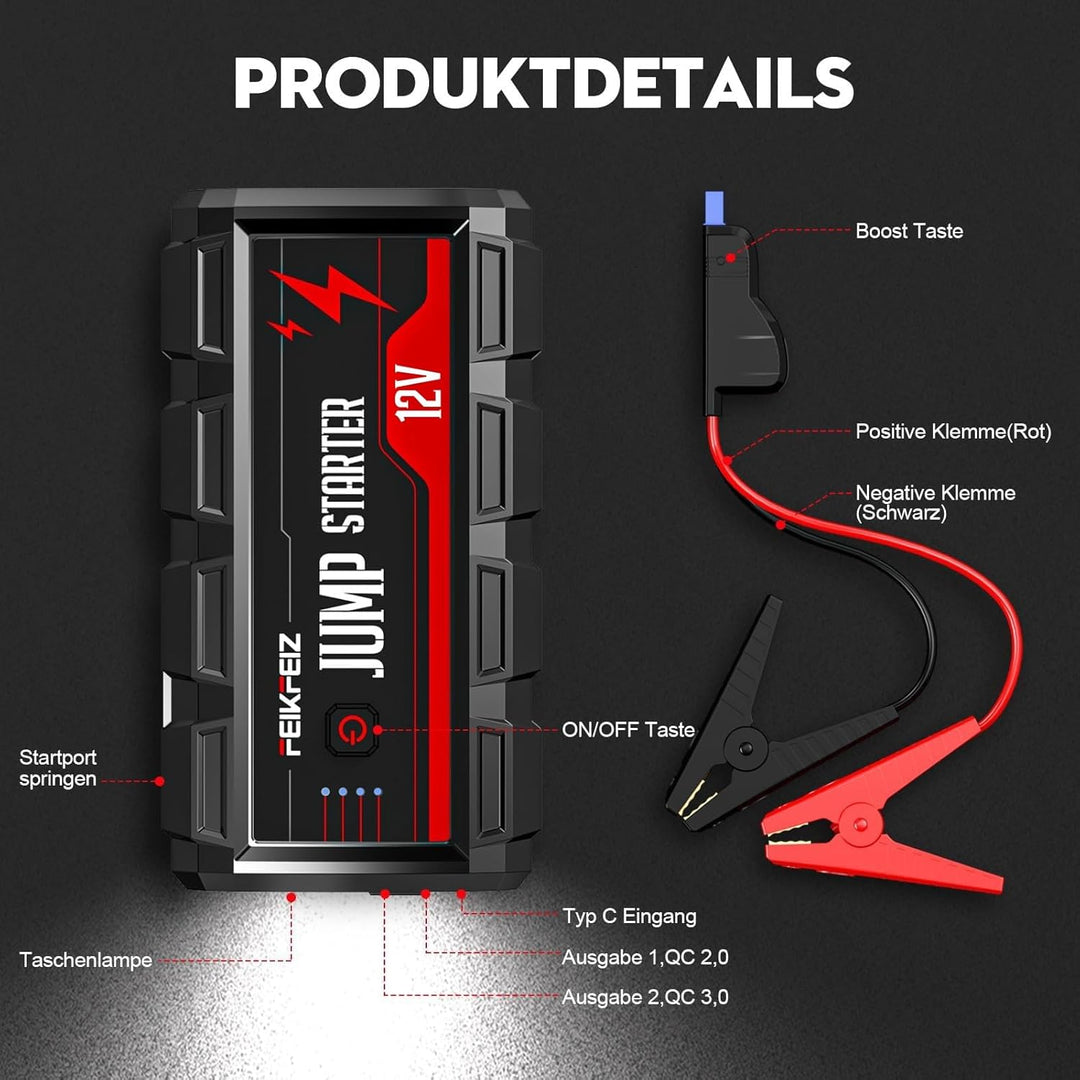 FEIKFEIZ Starthilfe Powerbank 3500A 26800mAh 12V (Alle Benzin und Bis Zu 10,0L Diesel) Auto Starthil