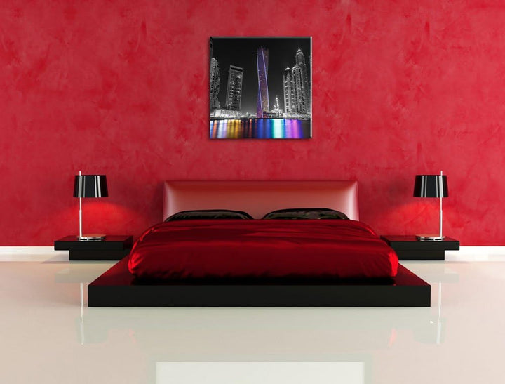 Pixxprint Skyline von Dubai bei Nacht schwarz/weiss, Format: 70x70 auf Leinwand, 70x70