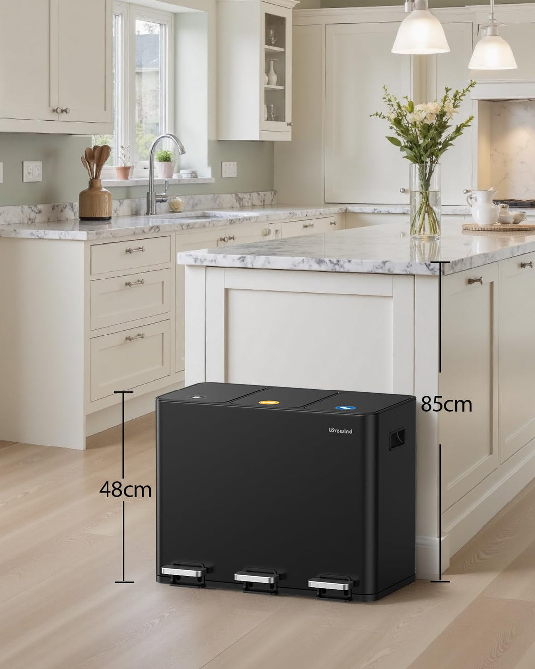 lovewind Mülleimer, 3 x 15L Recyclingeimer, 3-Fach-Mülleimer für Recycling und Abfall, inklusive mag