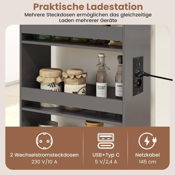 COSTWAY Nischenwagen 20cm breit, 4 Etagen Küchenwagen schmal mit Ladestation, Nischenregal auf Rolle