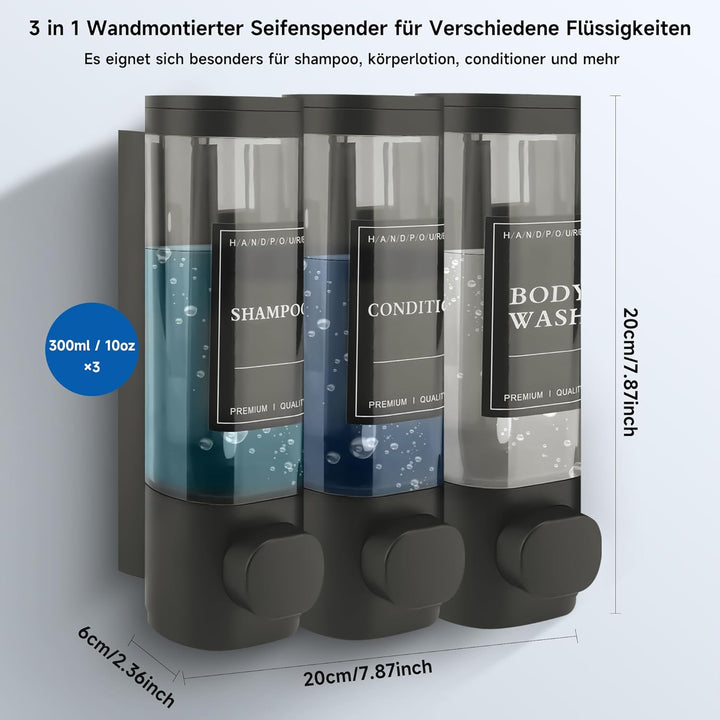 MEKOTRIN Seifenspender Wandbefestigung, Seifenspender Wandmontage 3 Kammern Duschgelspender Handwasc