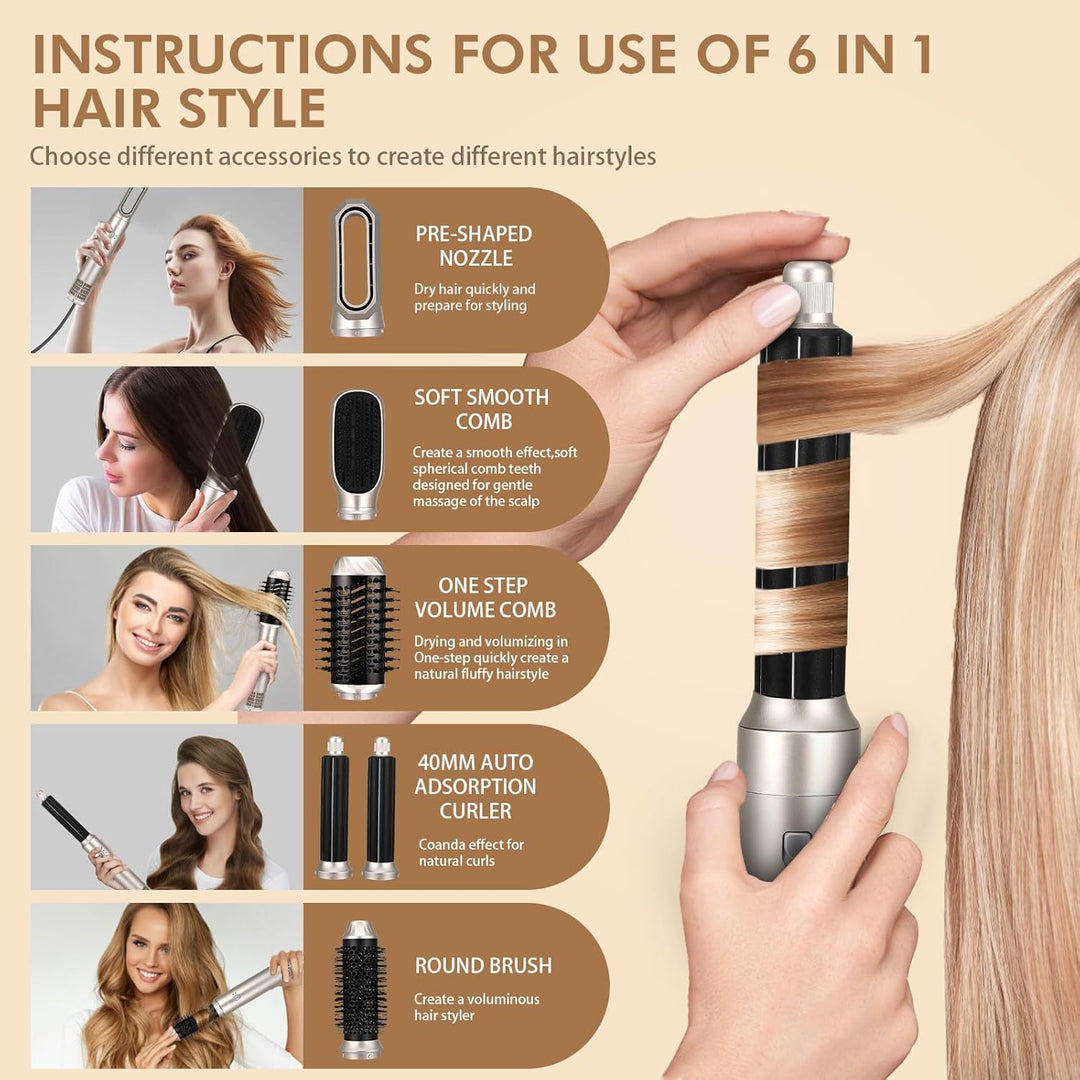 6 in 1 Haartrockner Warmluftbürste Set, Air Styler mit 6 Aufsätze zum Trocknen, Glätten, Volumen und