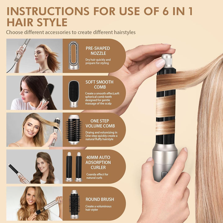 6 in 1 Haartrockner Warmluftbürste Set, Air Styler mit 6 Aufsätze zum Trocknen, Glätten, Volumen und