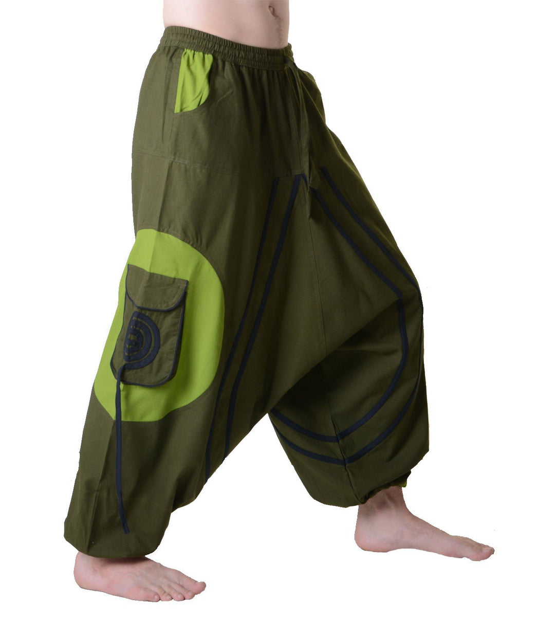 KUNST UND MAGIE Herren Hippie Haremshose mit Goa Spiral Muster S-M Army Green / Schwarz, S-M Army Gr