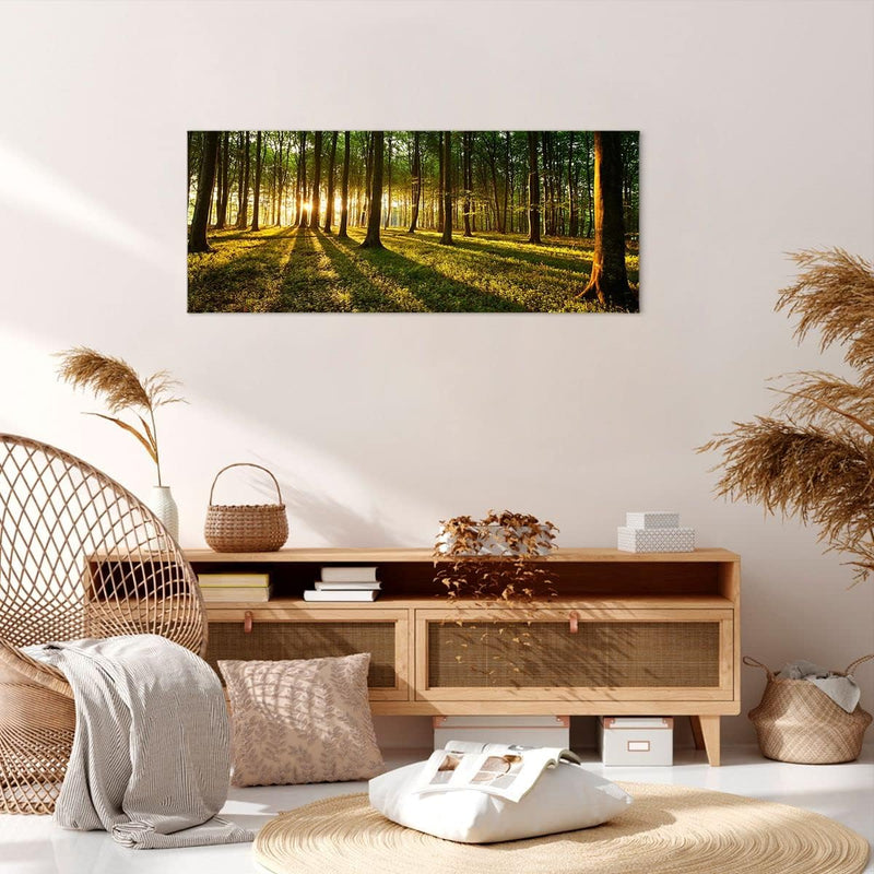 Wandbilder Dekoration Wohnzimmer Wald grün Sonnenstrahlen Natur Panorama Bilder auf Leinwand 120x50c