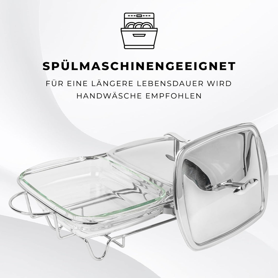 Wärmebehälter für Speisen mit Glaseinsatz - 4L - Teelicht Warmhalteplatte - Edelstahl Gestell und De