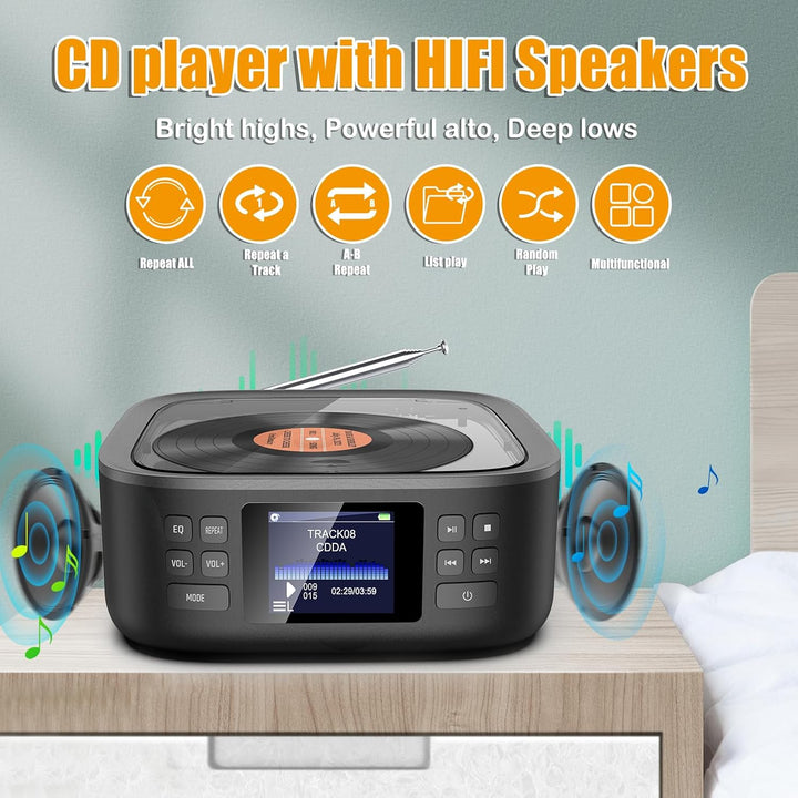 CD Player Tragbar, CCHKFEI Boombox CD Player Bluetooth & Radio FM mit Dual Stereo Lautsprecher LED-B