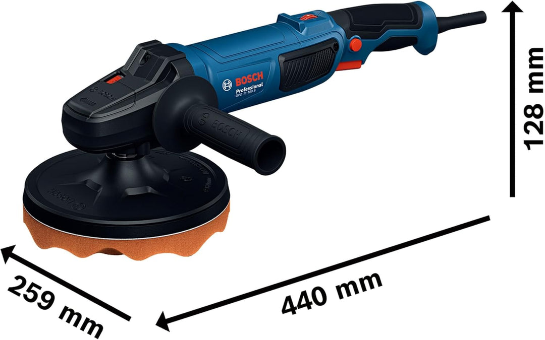 Bosch Professional Polierer GPO 11-180 S (inkl. 1x Backing Pad 180 mm, 1x Polierschwamm 180 mm,1x Zu