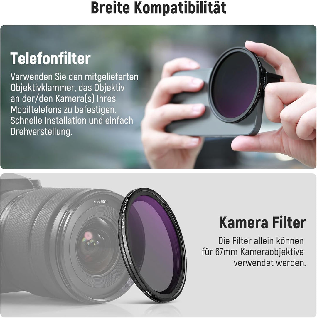 Neewer 67 mm Variables ND2-ND32 Handy-Objektivfilter-Set, Handy-Clip mit Gewindeadapterring/Kaltschu