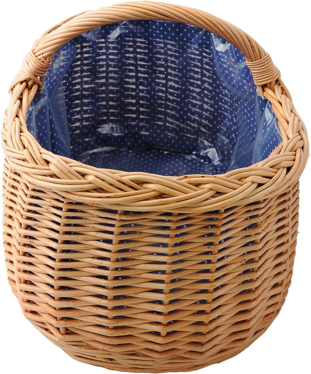 Grosser Einkaufskorb/Autokorb aus Weide mit Henkel und Stoffeinlage (blau mit weissen Punkten) | mit
