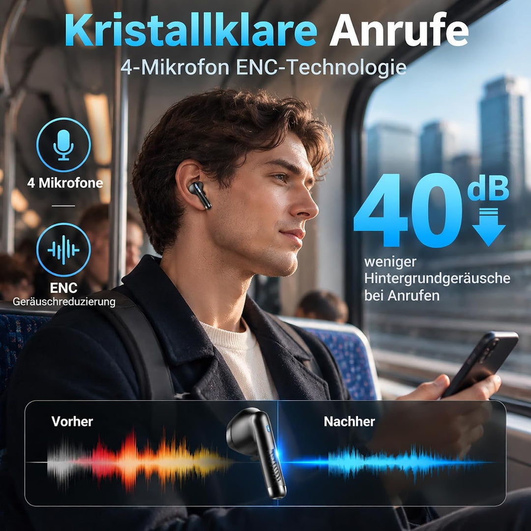 Renimer Bluetooth Kopfhörer Kabellos, 50 Std. Earbuds mit App EQ-Steuerung