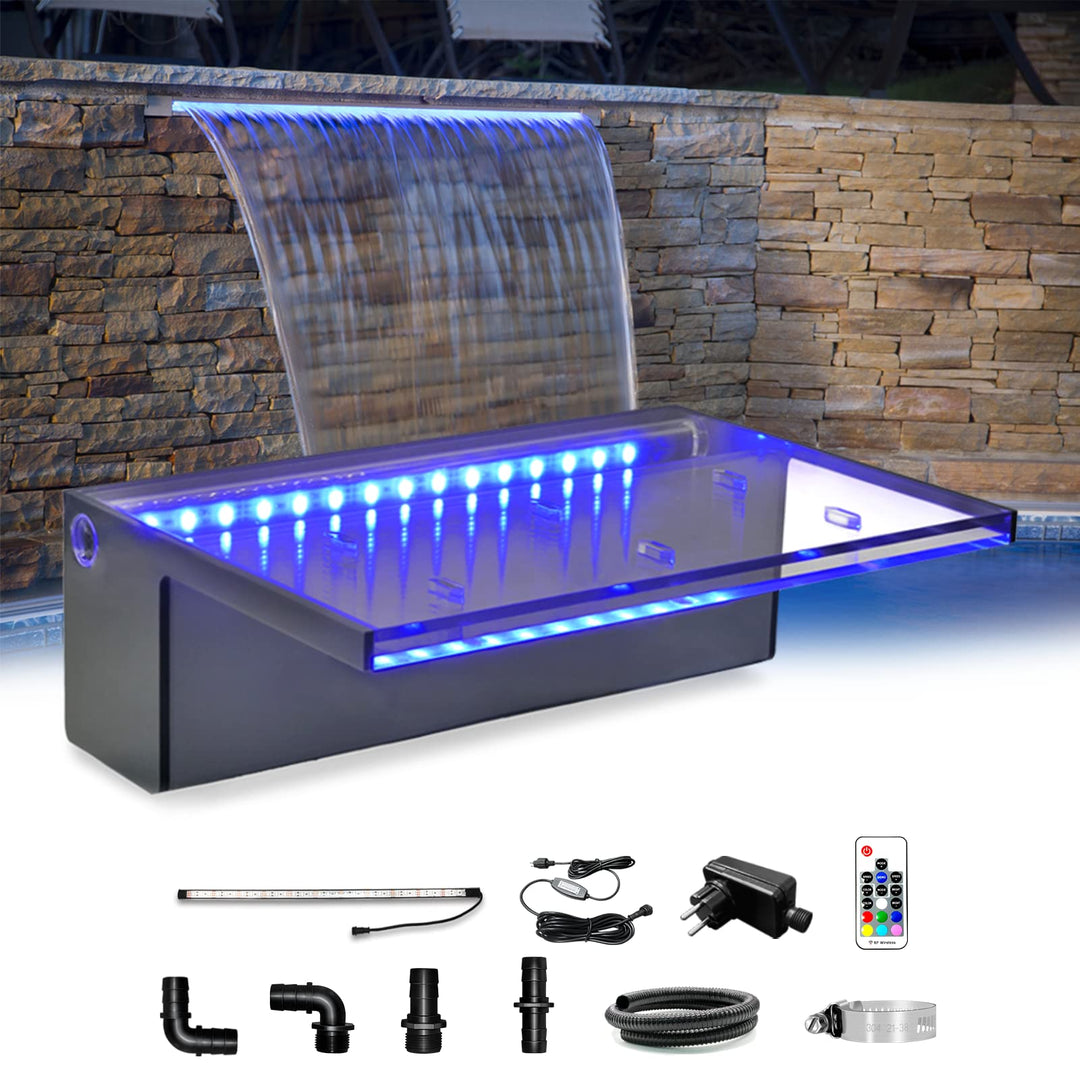 LONGRUN Pool Wasserfall Bachlaufsets, Garten Brunnen mit Farbwechsel LED, Acryl Teich Wasserfontäne