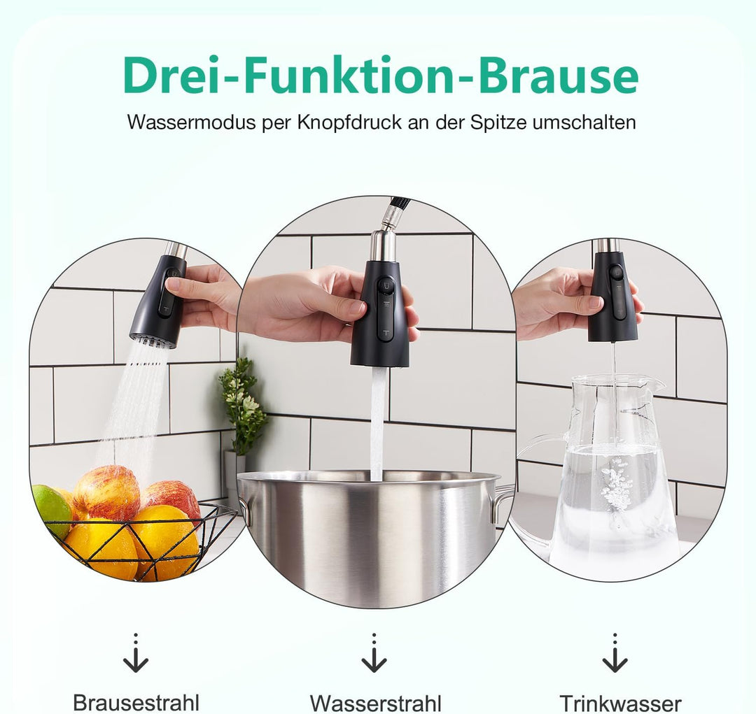 CREA 3 Wege Küchenarmatur mit Brause ausziehbar, Trinkwasserhahn Wasserhahn Armatur Küche, Mischbatt