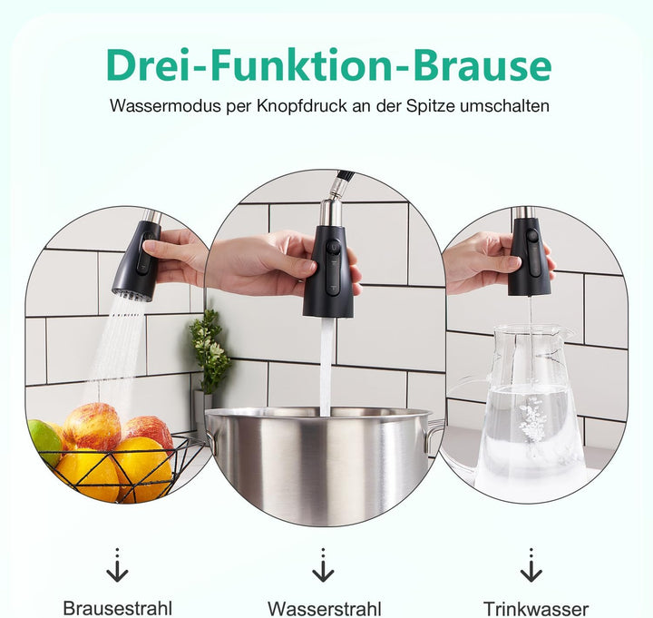 CREA 3 Wege Küchenarmatur mit Brause ausziehbar, Trinkwasserhahn Wasserhahn Armatur Küche, Mischbatt