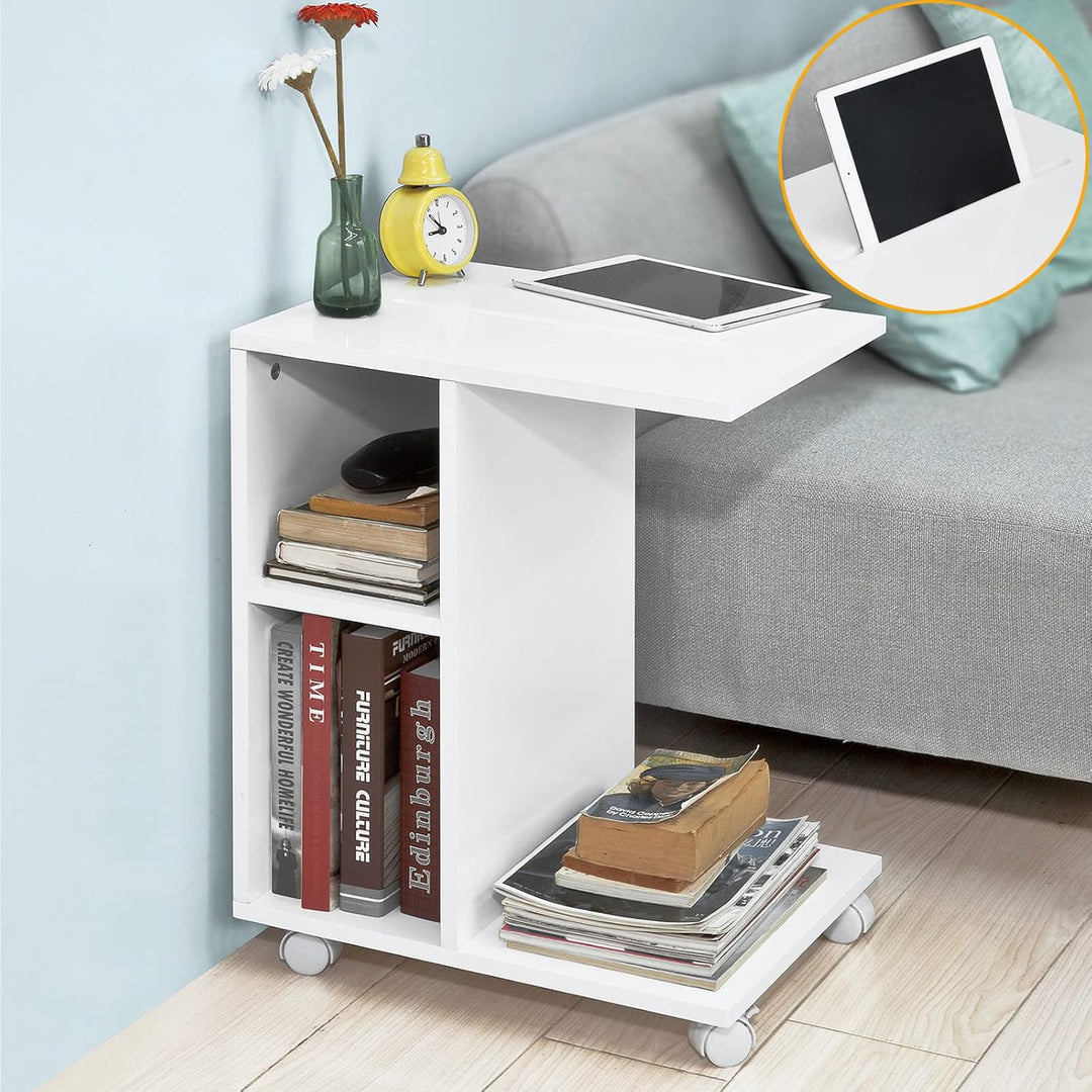 SoBuy® FBT48-W Beistelltisch mit Schlitz für iPad, Zeitungsständer Couchtisch Tisch mit Rollen weiss