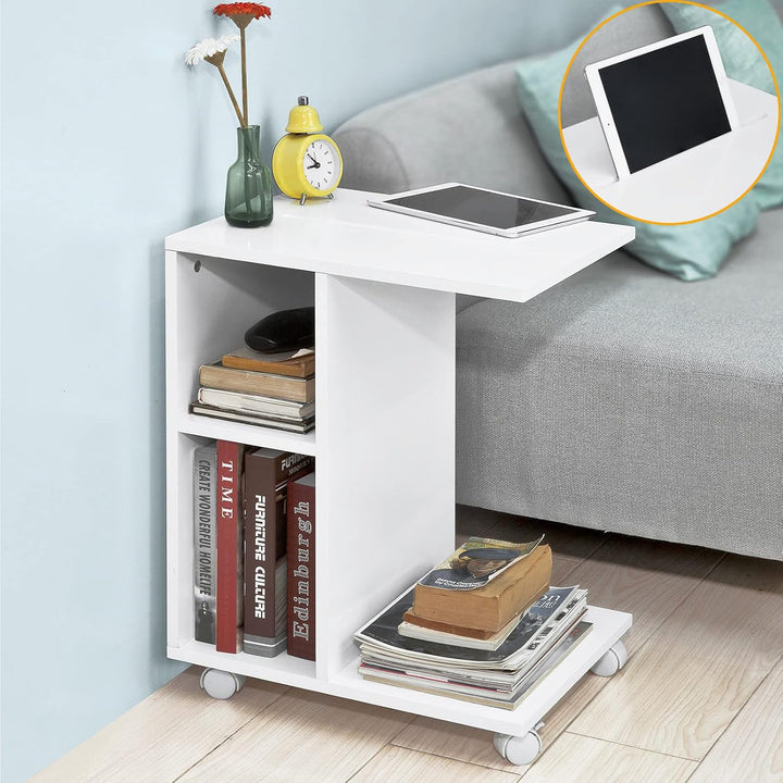 SoBuy® FBT48-W Beistelltisch mit Schlitz für iPad, Zeitungsständer Couchtisch Tisch mit Rollen weiss