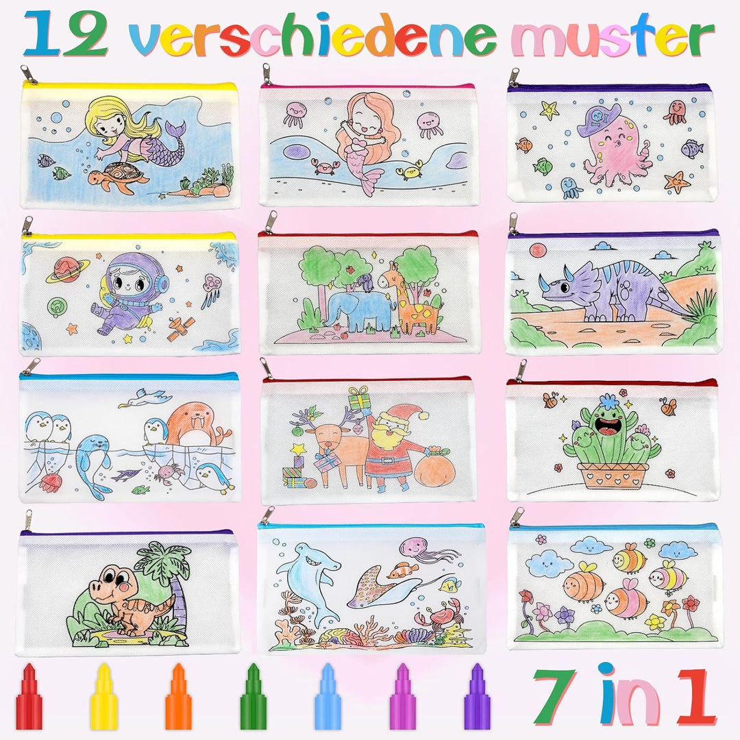 Liangding Kinder Stofftaschen zum Bemalen Set – 12 Taschen mit Reissverschluss & 12 stapelbare Wachs
