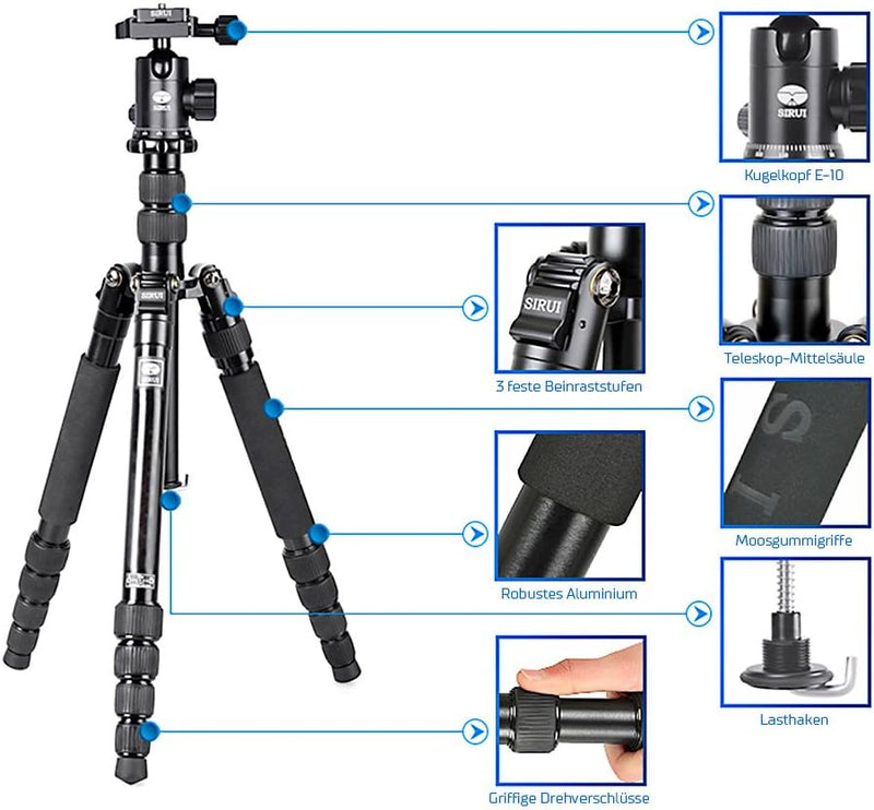 SIRUI NT-1005X/E-10 Universal Traveler Drei-/Einbeinstativ mit E-10 Kopf (Aluminium, Höhe: 148.3cm,