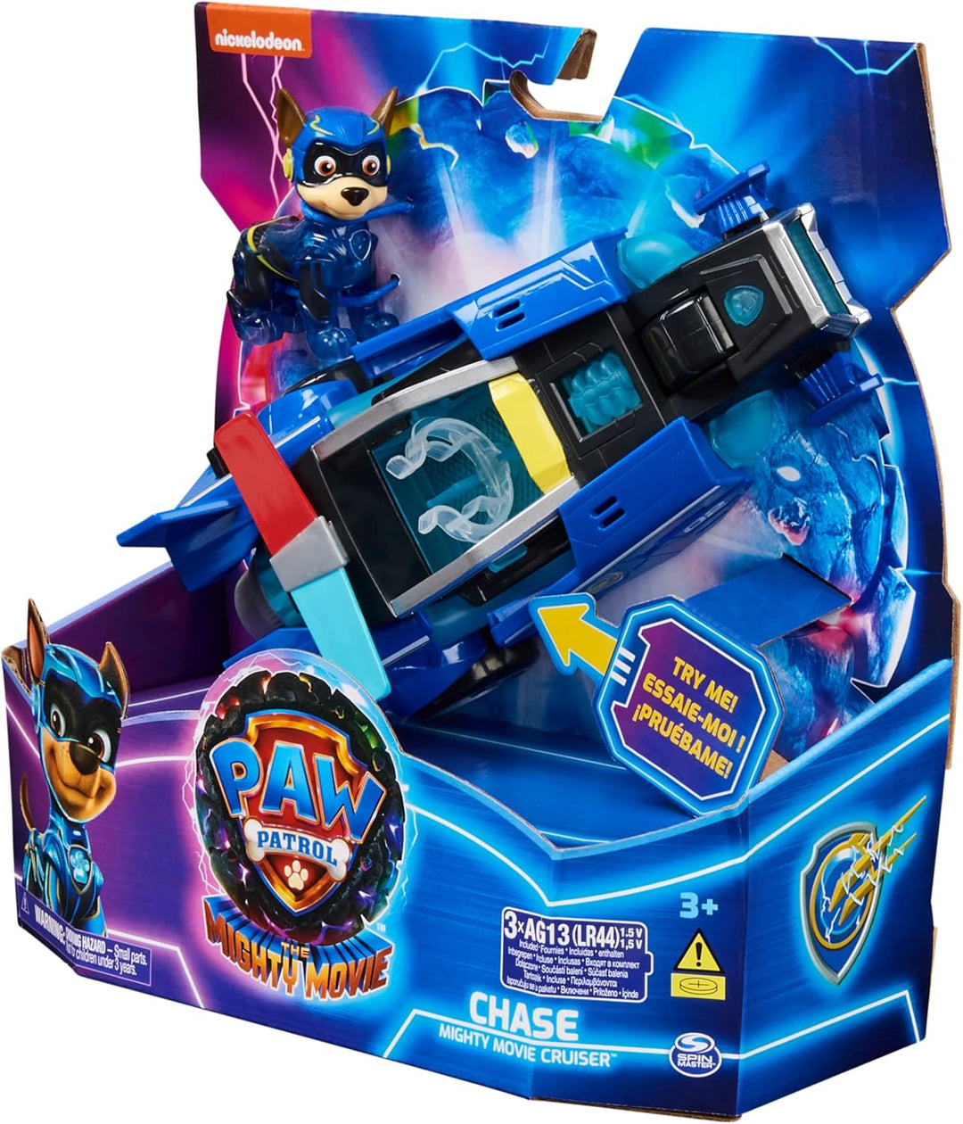PAW PATROL: Der Mighty Kinofilm, Superhelden-Fahrzeug Spielzeugauto von Chase mit Welpenfigur, Poliz