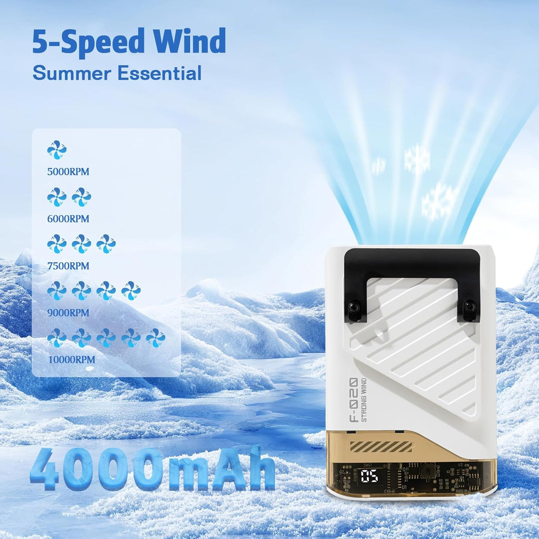 Gemmac Weiss 4-in-1 Mini Tragbarer Ventilator mit LED-Display, 5 Geschwindigkeiten 4000mAh Power Ban